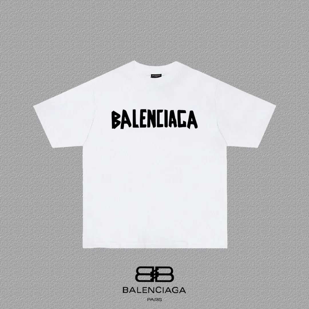 P80✨🔥 BALENCIAGA Paris lettering printed short-sleeved T-shirt, custom-woven and dyed 280g combed cotton heavyweight fabric, zero color difference in thread, perfect details, different from the current version on the market, welcome to compare, Same Style for men and women, must-sell in the picture above Color: White Black Size: 1 2 3 4